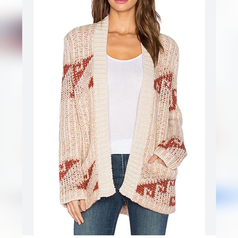 Free People Time & Again Pattern Open Front Cardigan Natural Combo Wool Blend S
